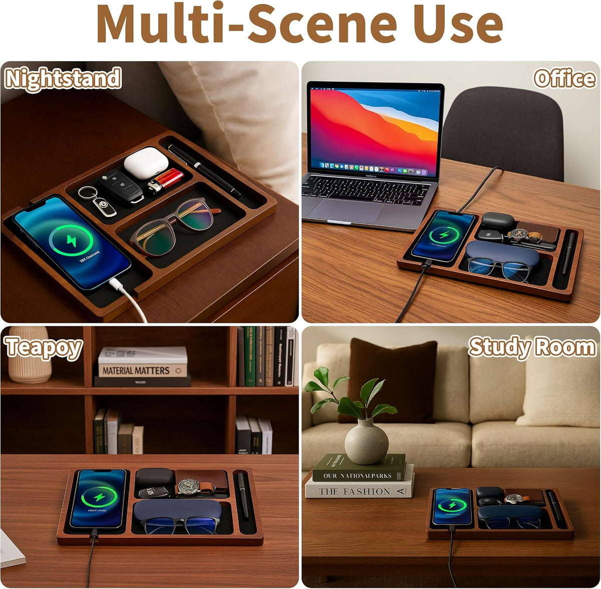 Valet Tray, Acacia Wood & Leather Surface with Charging Port
