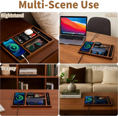 Valet Tray, Acacia Wood & Leather Surface with Charging Port