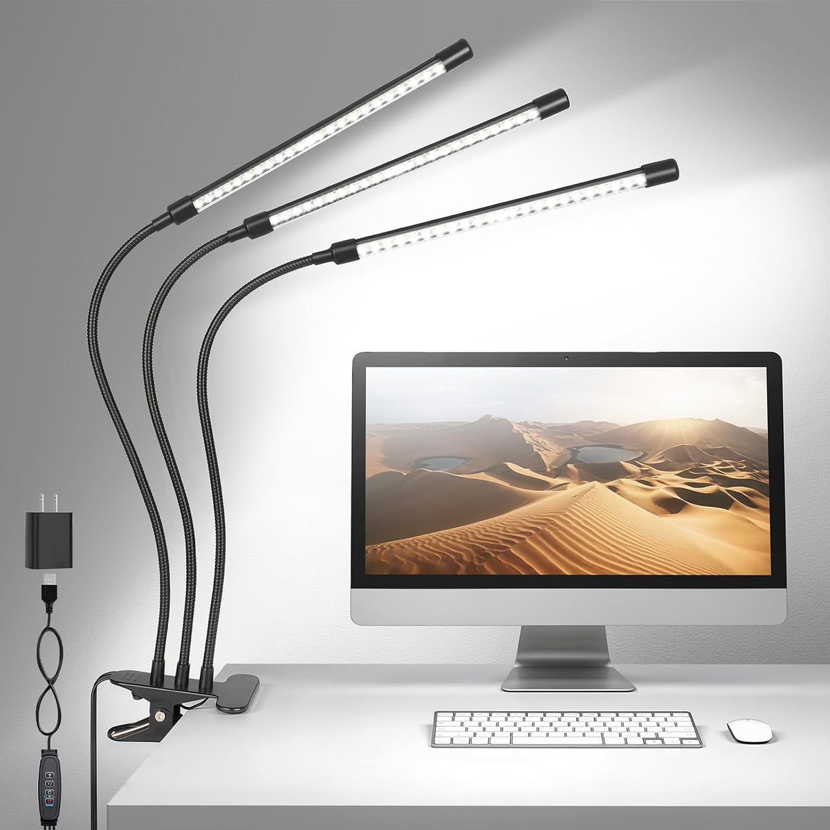 3-Head LED Desk Lamp with Clamp, Eye-Caring Clip on Lights