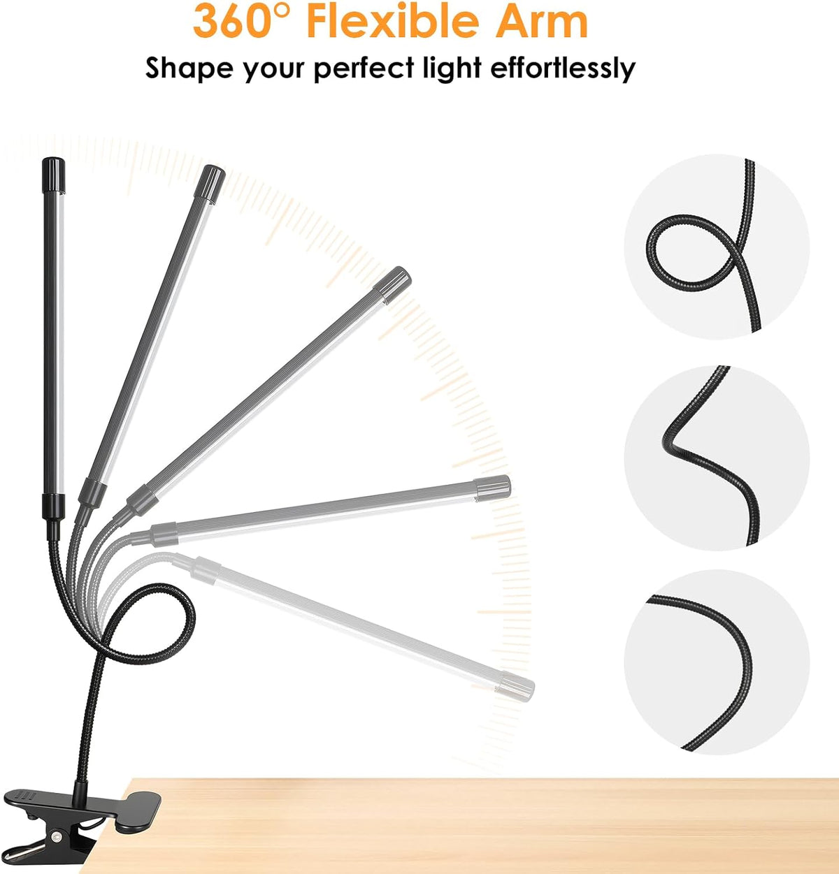 3-Head LED Desk Lamp with Clamp, Eye-Caring Clip on Lights