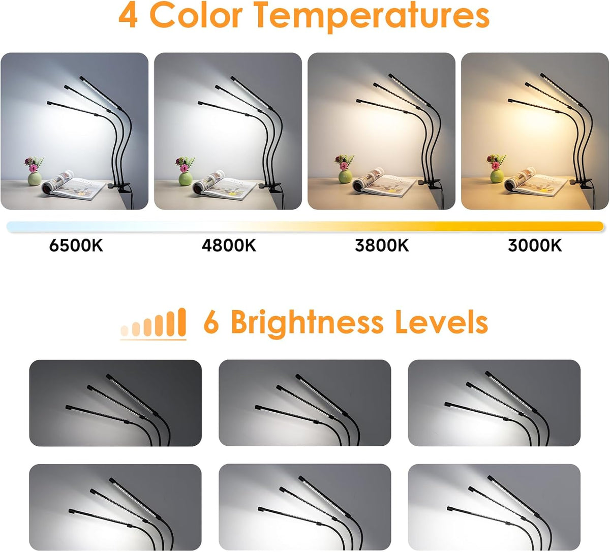 3-Head LED Desk Lamp with Clamp, Eye-Caring Clip on Lights