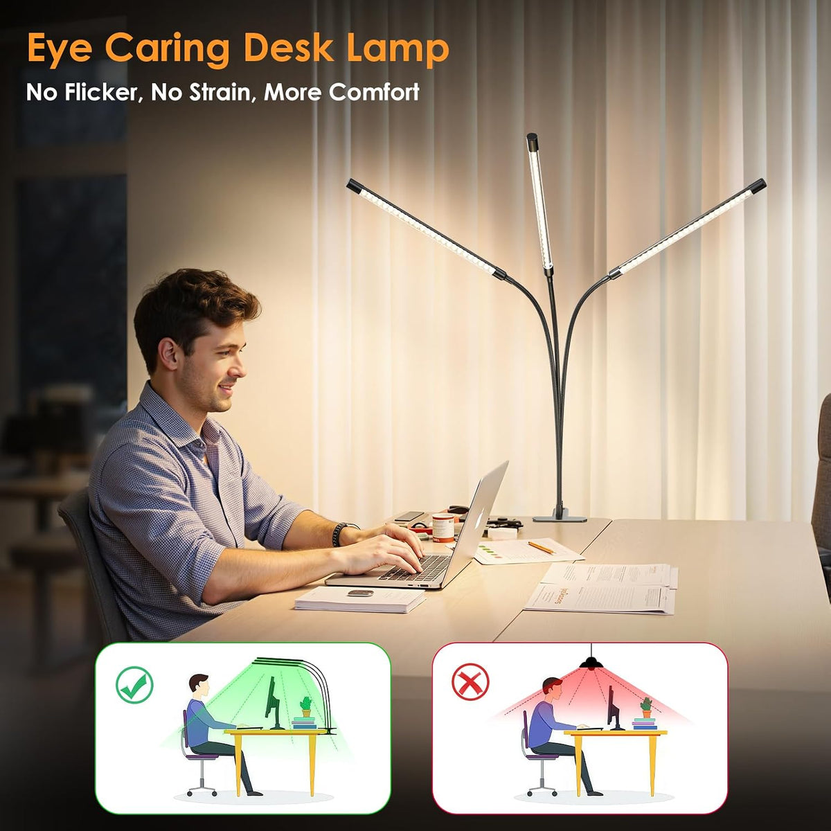 3-Head LED Desk Lamp with Clamp, Eye-Caring Clip on Lights