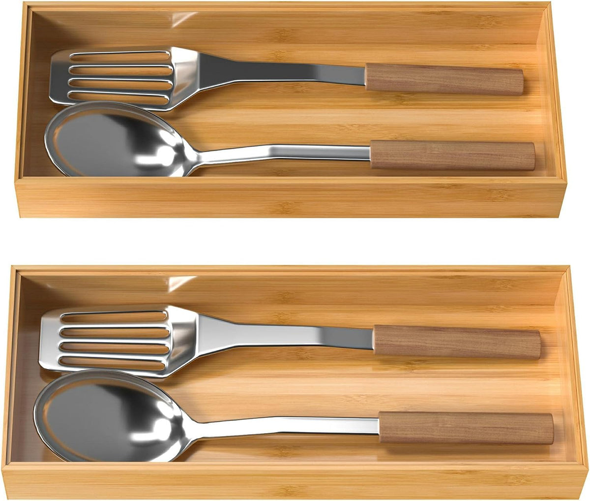 Bamboo Drawer Organizer, Stackable Utensil Organizer for Kitchen, Bamboo Storage Box Wood Silverware Tray for Drawer 15" x 6" x 2" Set of 2