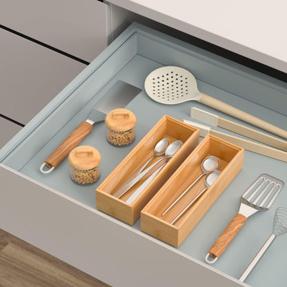 Bamboo Drawer Organizer, Stackable Utensil Organizer for Kitchen, Bamboo Storage Box Wood Silverware Tray for Drawer 15" x 6" x 2" Set of 2