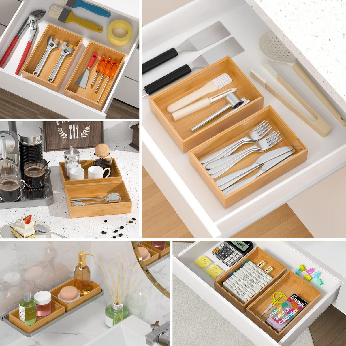 Bamboo Drawer Organizer, Stackable Utensil Organizer for Kitchen, Bamboo Storage Box Wood Silverware Tray for Drawer 15" x 6" x 2" Set of 2