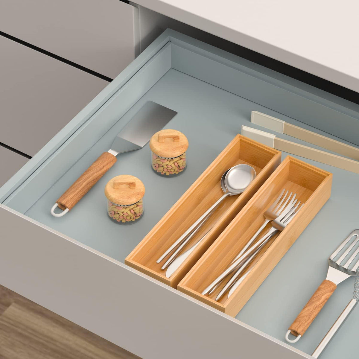 Bamboo Drawer Organizer, Stackable Utensil Organizer for Kitchen, Bamboo Storage Box Wood Silverware Tray for Drawer 15" x 6" x 2" Set of 2