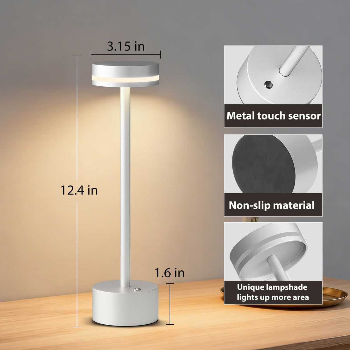 Rechargeable Cordless Table Lamp Silver Touch Control Dimmable