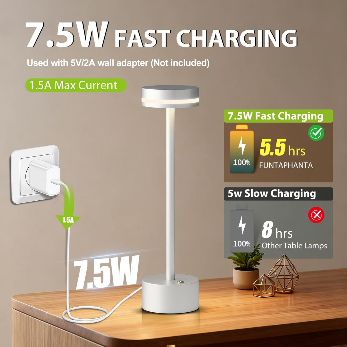 Rechargeable Cordless Table Lamp Silver Touch Control Dimmable