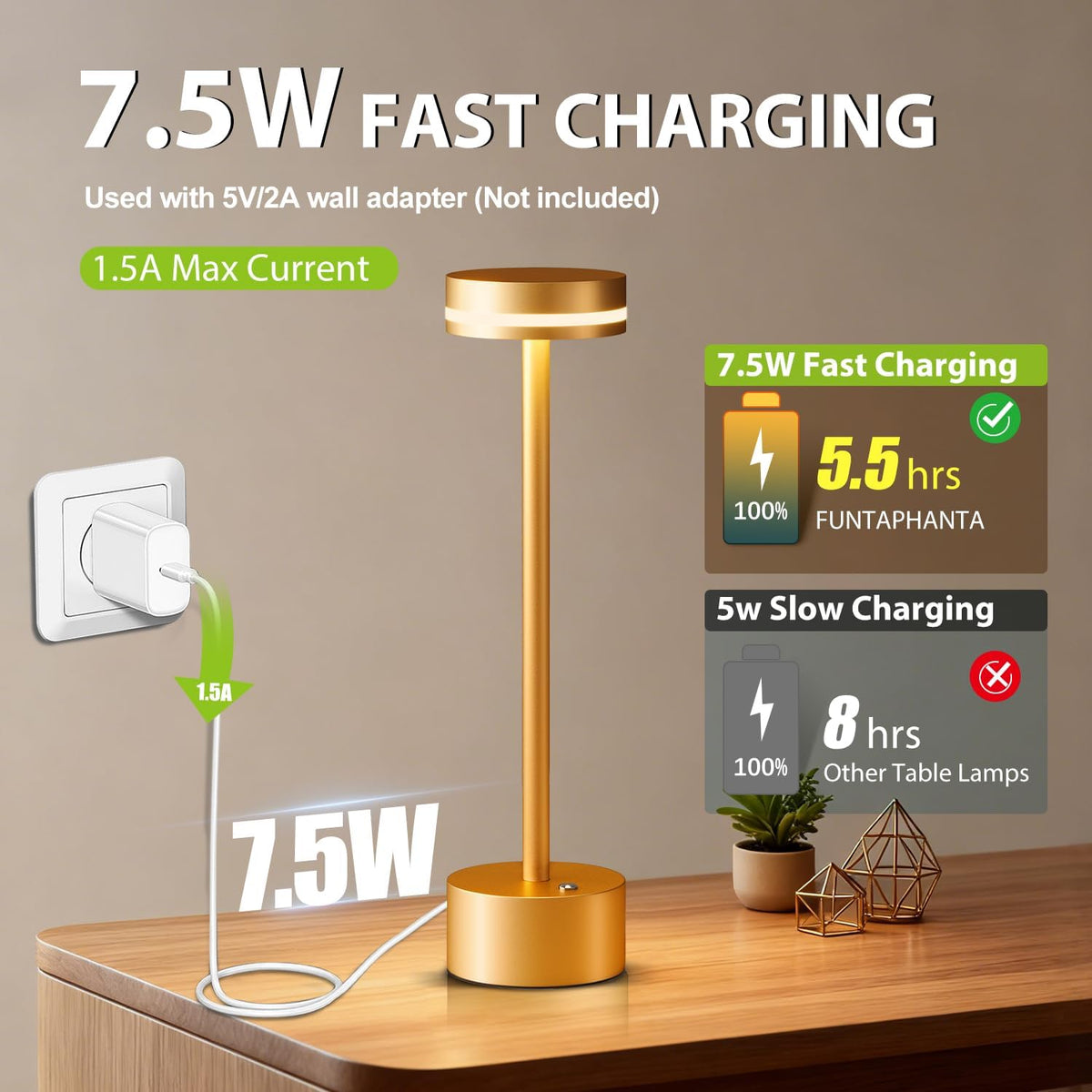 Rechargeable Cordless Table Lamp Silver Touch Control Dimmable