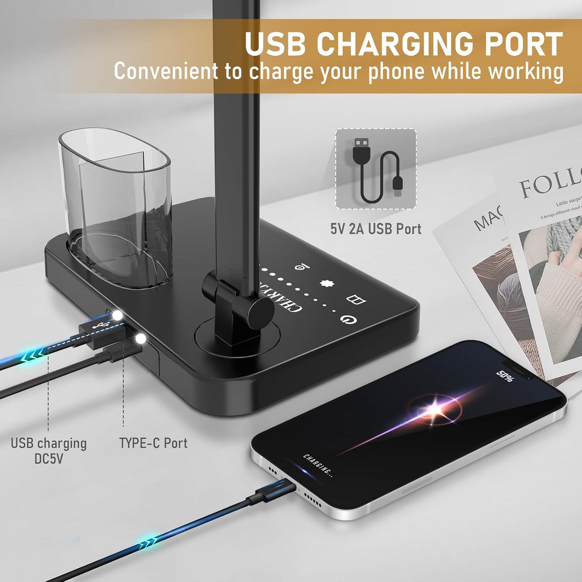 Dimmable LED Desk Lamp with USB Charging Port, 50 Lighting Modes Dual Swing Arm Architect Table Lamp Light Desk Lamp for Home Office Dorm Piano Nail