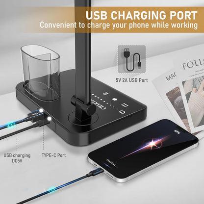 Dimmable LED Desk Lamp with USB Charging Port, 50 Lighting Modes Dual Swing Arm Architect Table Lamp Light Desk Lamp for Home Office Dorm Piano Nail