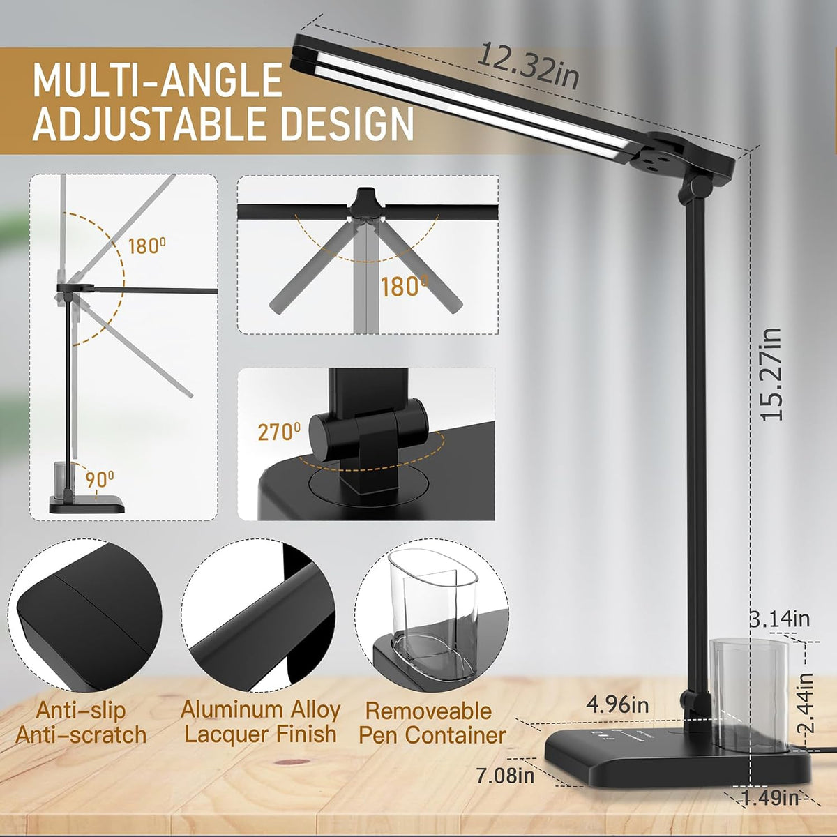 Dimmable LED Desk Lamp with USB Charging Port, 50 Lighting Modes Dual Swing Arm Architect Table Lamp Light Desk Lamp for Home Office Dorm Piano Nail
