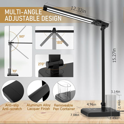 Dimmable LED Desk Lamp with USB Charging Port, 50 Lighting Modes Dual Swing Arm Architect Table Lamp Light Desk Lamp for Home Office Dorm Piano Nail