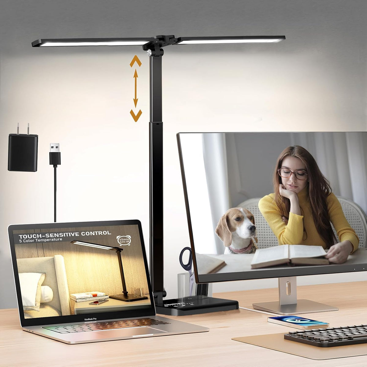 Dimmable LED Desk Lamp with USB Charging Port, 50 Lighting Modes Dual Swing Arm Architect Table Lamp Light Desk Lamp for Home Office Dorm Piano Nail