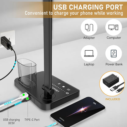 Dimmable LED Desk Lamp with USB Charging Port, 50 Lighting Modes Dual Swing Arm Architect Table Lamp Light Desk Lamp for Home Office Dorm Piano Nail