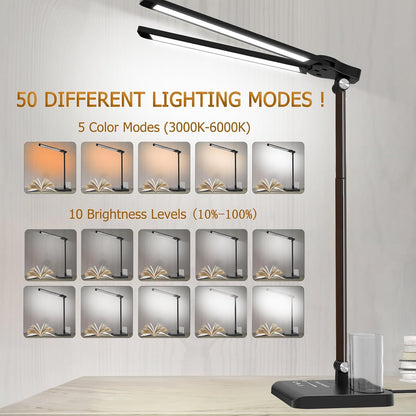 Dimmable LED Desk Lamp with USB Charging Port, 50 Lighting Modes Dual Swing Arm Architect Table Lamp Light Desk Lamp for Home Office Dorm Piano Nail