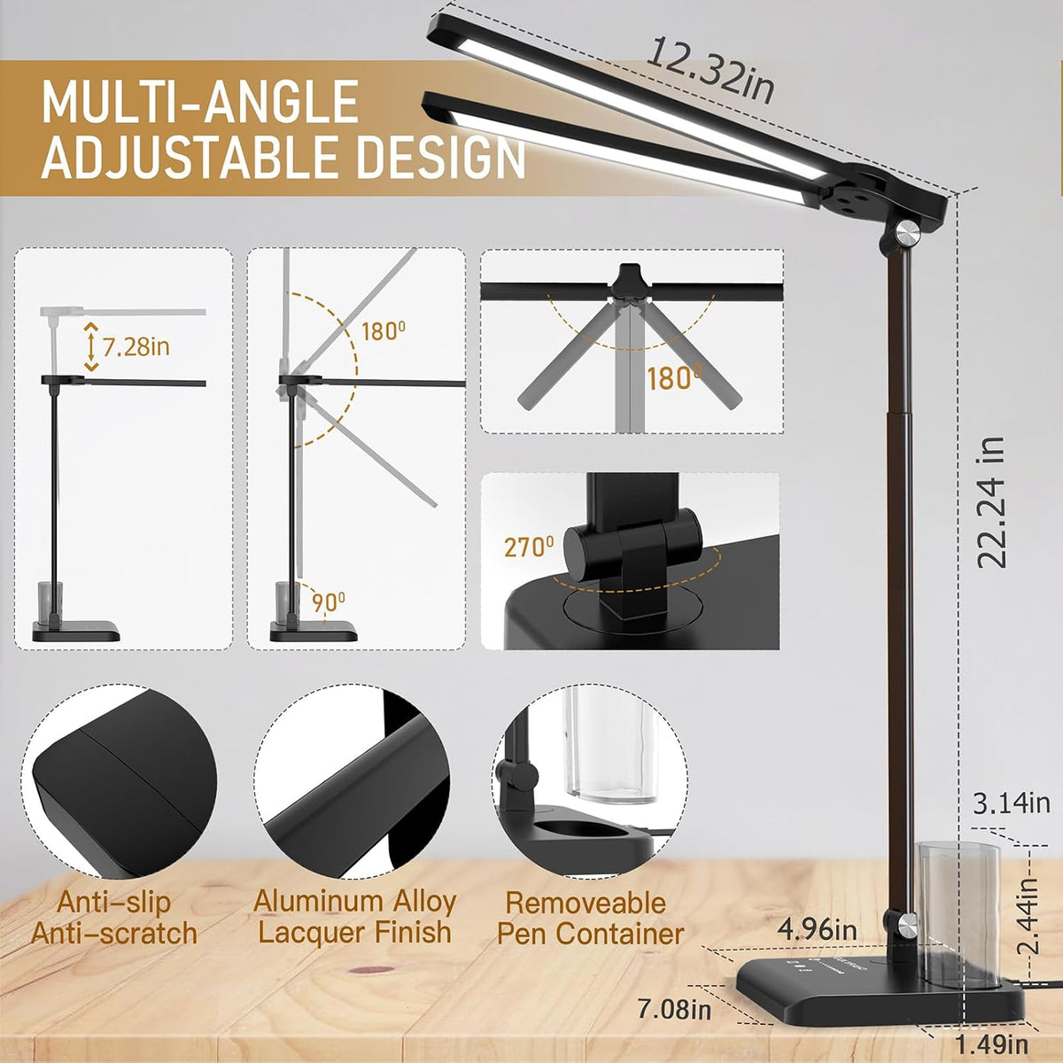 Dimmable LED Desk Lamp with USB Charging Port, 50 Lighting Modes Dual Swing Arm Architect Table Lamp Light Desk Lamp for Home Office Dorm Piano Nail