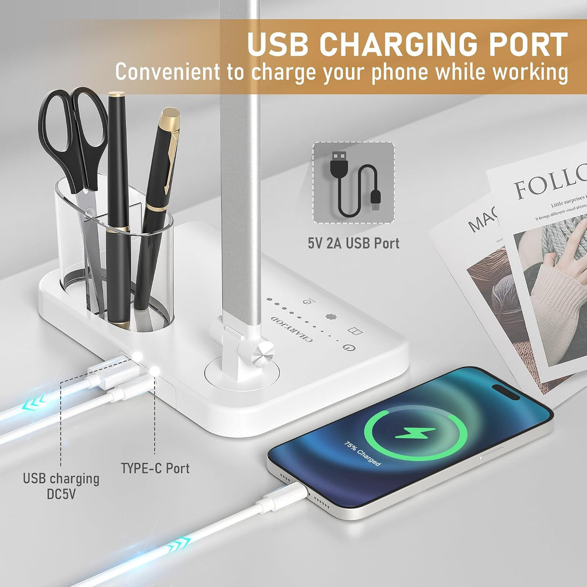 Dimmable LED Desk Lamp with USB Charging Port, 50 Lighting Modes Dual Swing Arm Architect Table Lamp Light Desk Lamp for Home Office Dorm Piano Nail