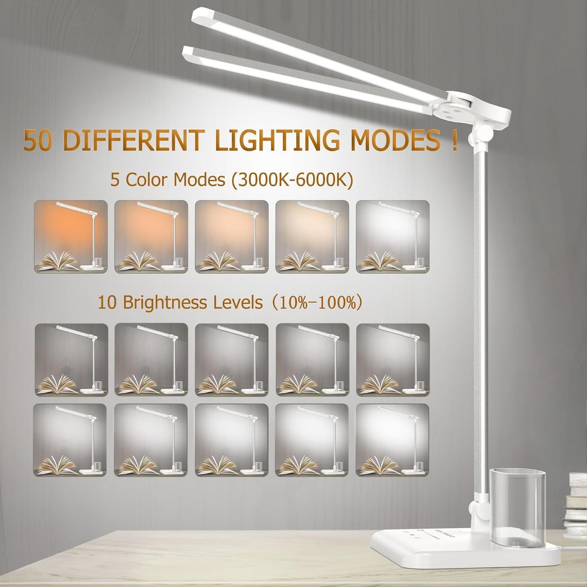 Dimmable LED Desk Lamp with USB Charging Port, 50 Lighting Modes Dual Swing Arm Architect Table Lamp Light Desk Lamp for Home Office Dorm Piano Nail