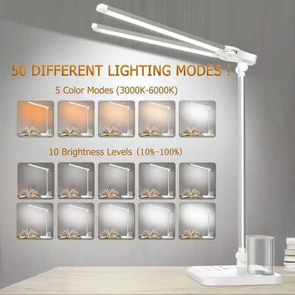 Dimmable LED Desk Lamp with USB Charging Port, 50 Lighting Modes Dual Swing Arm Architect Table Lamp Light Desk Lamp for Home Office Dorm Piano Nail