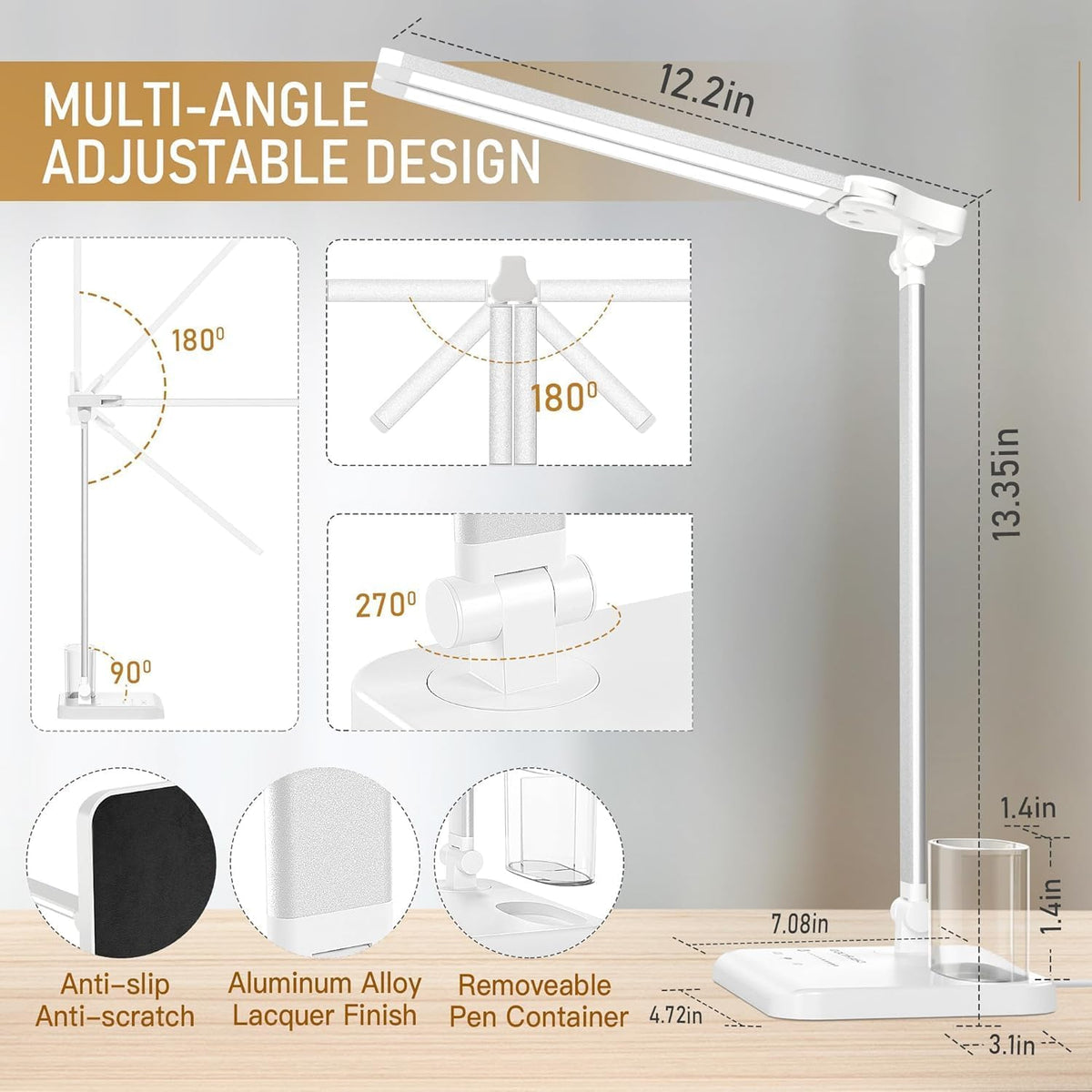 Dimmable LED Desk Lamp with USB Charging Port, 50 Lighting Modes Dual Swing Arm Architect Table Lamp Light Desk Lamp for Home Office Dorm Piano Nail