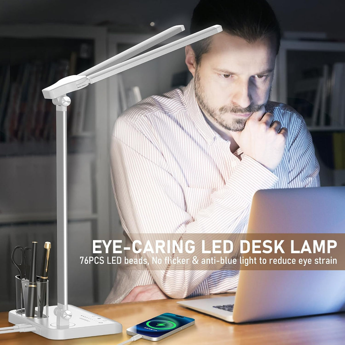 Dimmable LED Desk Lamp with USB Charging Port, 50 Lighting Modes Dual Swing Arm Architect Table Lamp Light Desk Lamp for Home Office Dorm Piano Nail