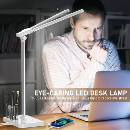 Dimmable LED Desk Lamp with USB Charging Port, 50 Lighting Modes Dual Swing Arm Architect Table Lamp Light Desk Lamp for Home Office Dorm Piano Nail