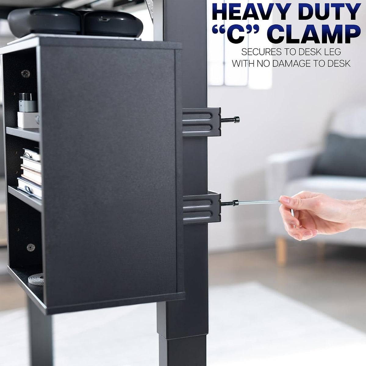 Black Clamp-on Desk Leg Shelving Unit, Storage Shelves, DESK-SHELF3CL