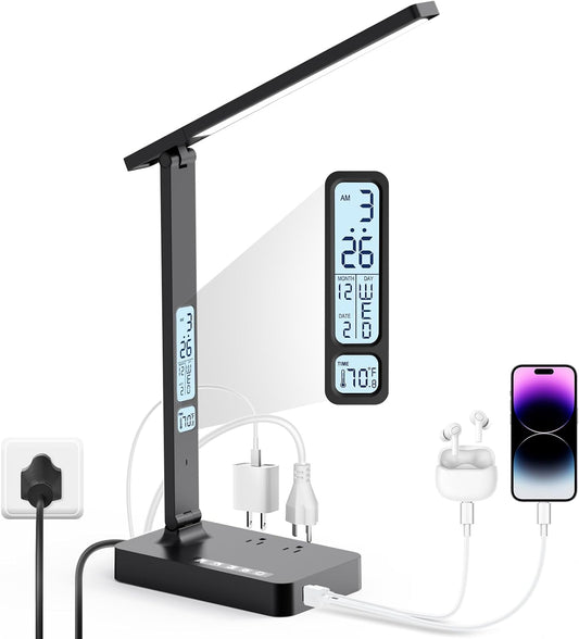 Desk Lamp with USB Charging Port: LED Stepless Dimmable Eye Caring Desk Light for Home Office - 1 Type-C, 1 USB-A Charging Port, 2 AC Power Outlets, Multiple Light Modes for Study and Bedroom
