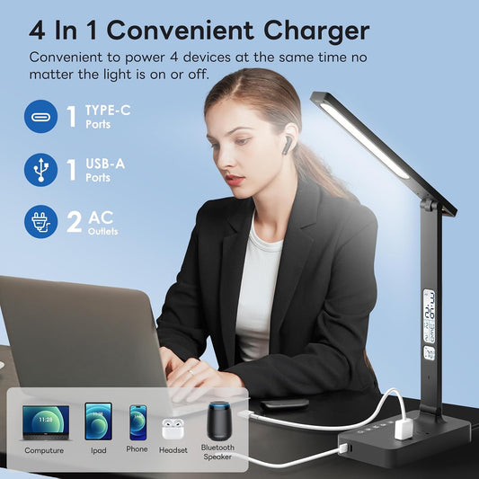 Desk Lamp with USB Charging Port: LED Stepless Dimmable Eye Caring Desk Light for Home Office - 1 Type-C, 1 USB-A Charging Port, 2 AC Power Outlets, Multiple Light Modes for Study and Bedroom