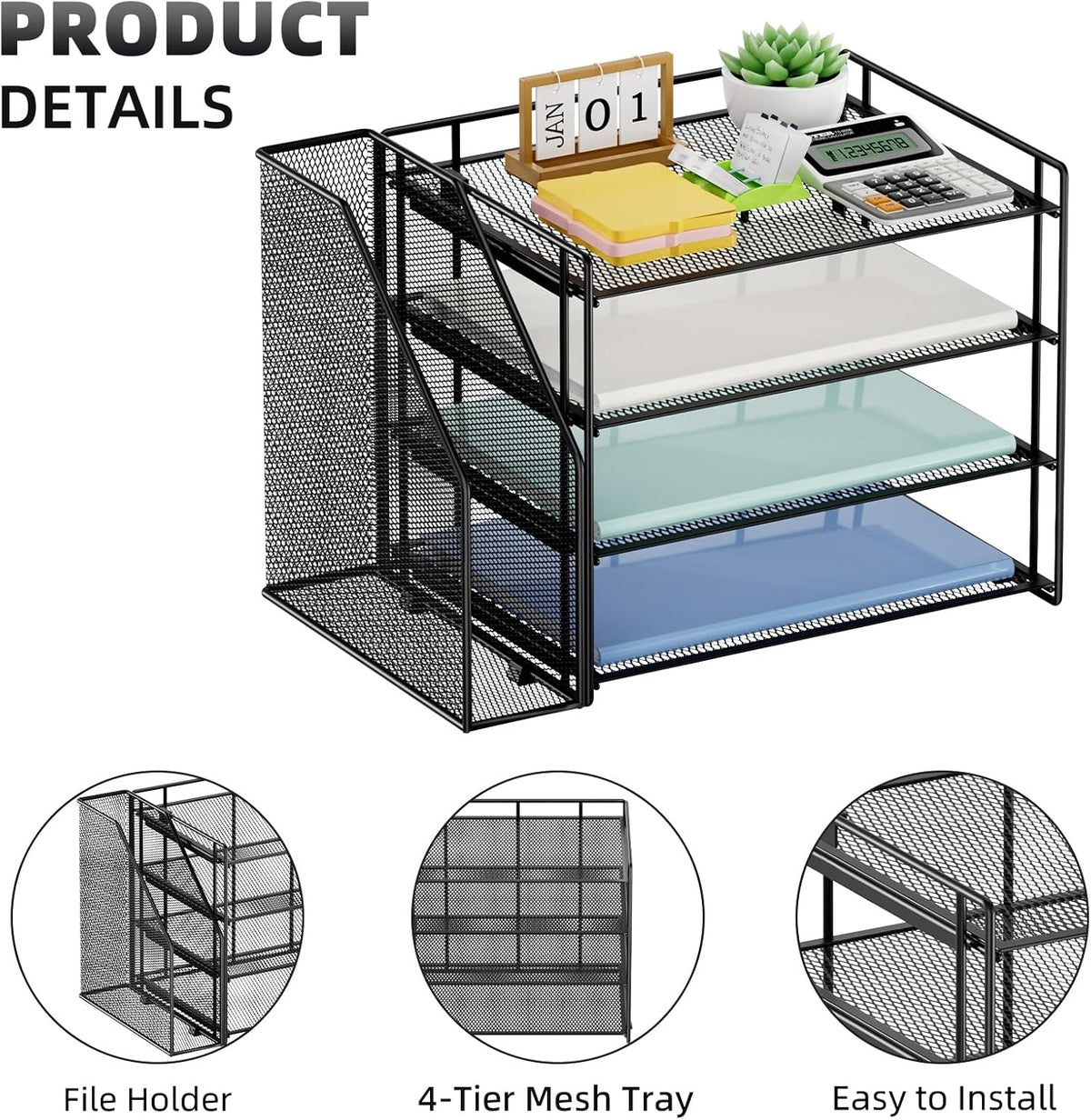 Desk Organizer, 4-Tier Paper File Letter Tray, Black