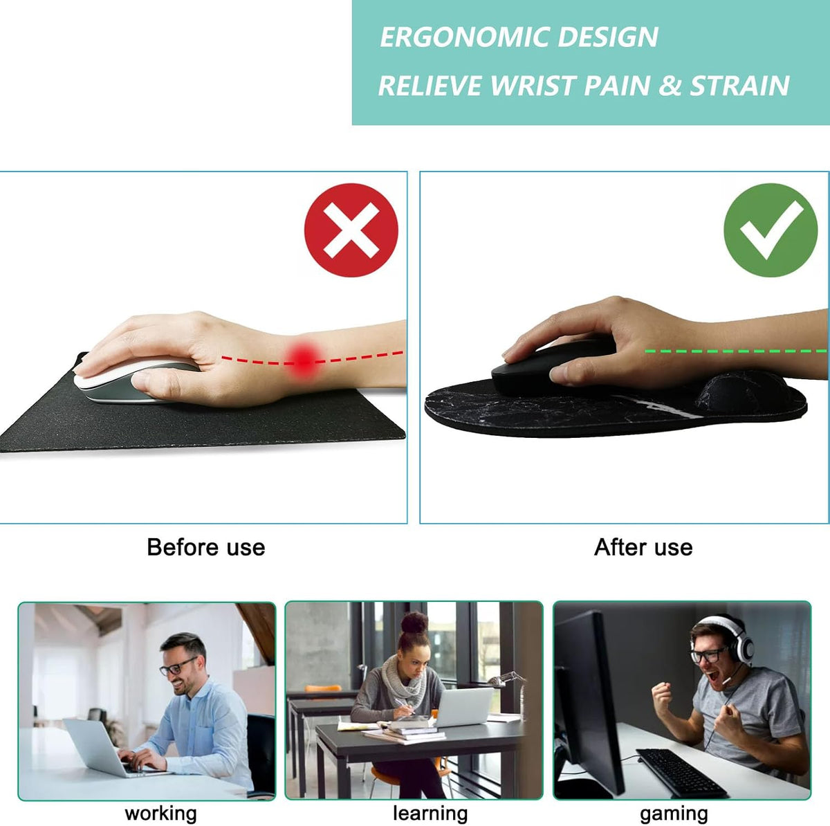 Mouse Pad with Wrist Support, Ergonomic Mouse Pad with Memory Foam Wrist Rest Cushion, Non-Slip Rubber Base Gaming Mice Pad for Home Office Computer Laptop, Flower Black
