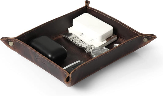 Genuine Leather Tray Organizer - Practical Lightweight Water Resistant Computer Table Desk Storage Box for Wallets, Watches, Keys, Coins, Cell Phones and Office Equipment