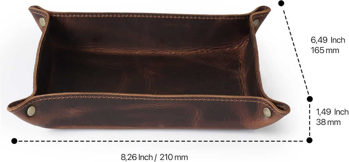 Genuine Leather Tray Organizer - Practical Lightweight Water Resistant Computer Table Desk Storage Box for Wallets, Watches, Keys, Coins, Cell Phones and Office Equipment