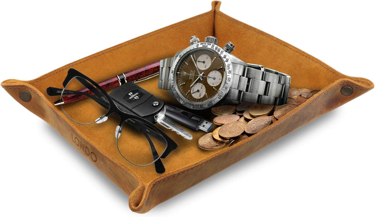 Genuine Leather Tray Organizer - Practical Lightweight Water Resistant Computer Table Desk Storage Box for Wallets, Watches, Keys, Coins, Cell Phones and Office Equipment