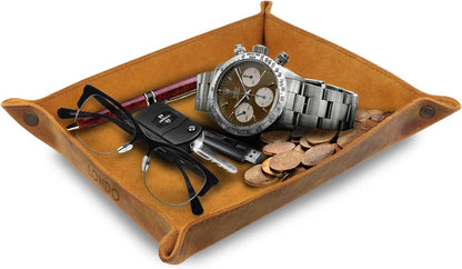 Genuine Leather Tray Organizer - Practical Lightweight Water Resistant Computer Table Desk Storage Box for Wallets, Watches, Keys, Coins, Cell Phones and Office Equipment