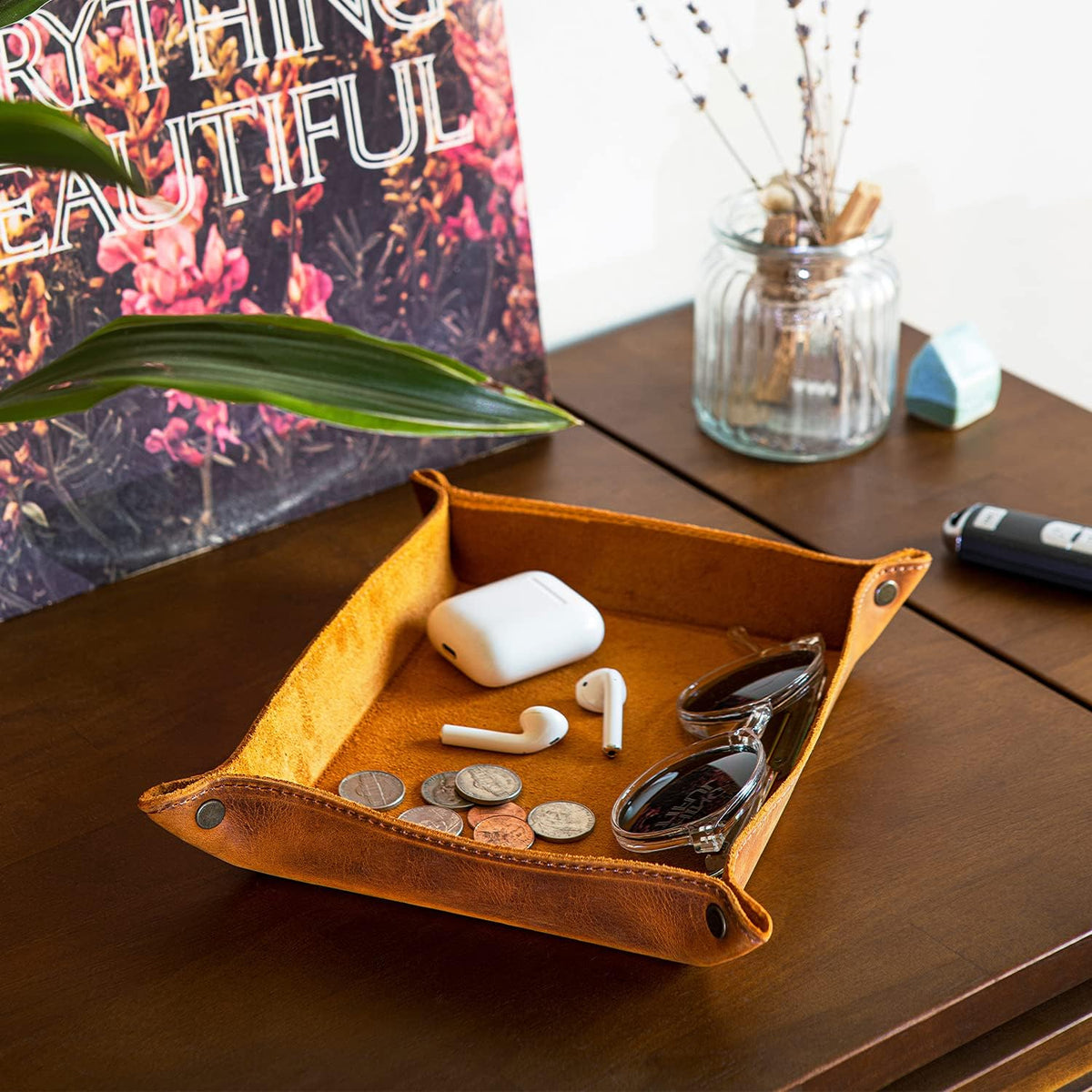 Genuine Leather Tray Organizer - Practical Lightweight Water Resistant Computer Table Desk Storage Box for Wallets, Watches, Keys, Coins, Cell Phones and Office Equipment