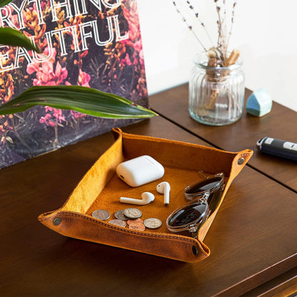 Genuine Leather Tray Organizer - Practical Lightweight Water Resistant Computer Table Desk Storage Box for Wallets, Watches, Keys, Coins, Cell Phones and Office Equipment