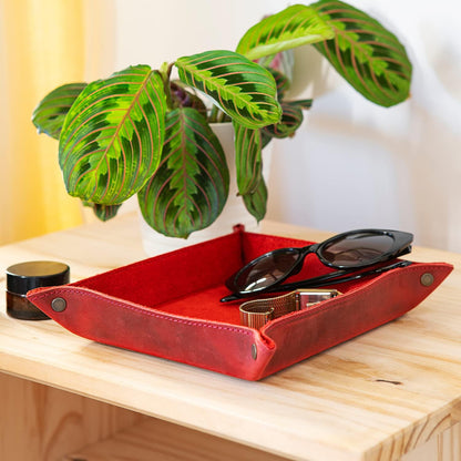 Genuine Leather Tray Organizer - Practical Lightweight Water Resistant Computer Table Desk Storage Box for Wallets, Watches, Keys, Coins, Cell Phones and Office Equipment