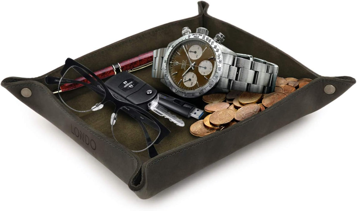 Genuine Leather Tray Organizer - Practical Lightweight Water Resistant Computer Table Desk Storage Box for Wallets, Watches, Keys, Coins, Cell Phones and Office Equipment