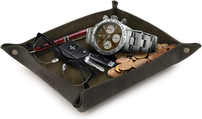 Genuine Leather Tray Organizer - Practical Lightweight Water Resistant Computer Table Desk Storage Box for Wallets, Watches, Keys, Coins, Cell Phones and Office Equipment