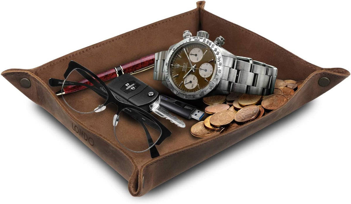 Genuine Leather Tray Organizer - Practical Lightweight Water Resistant Computer Table Desk Storage Box for Wallets, Watches, Keys, Coins, Cell Phones and Office Equipment