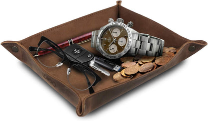 Genuine Leather Tray Organizer - Practical Lightweight Water Resistant Computer Table Desk Storage Box for Wallets, Watches, Keys, Coins, Cell Phones and Office Equipment