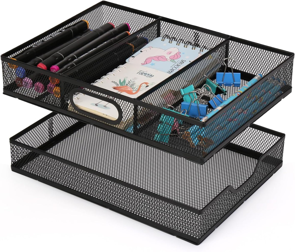 Office Drawer Organizer, Metal Mesh Desk Draw Divider, Versatile Desktop Organizer Tray to Keep Supplies Tidy and Easy to Access, Stackable A4 Paper Holder Tray for School