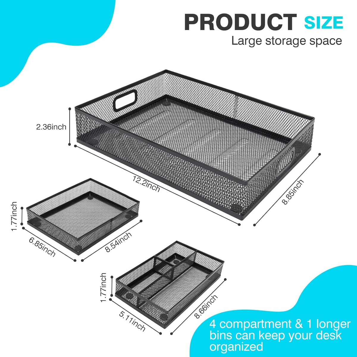 Office Drawer Organizer, Metal Mesh Desk Draw Divider, Versatile Desktop Organizer Tray to Keep Supplies Tidy and Easy to Access, Stackable A4 Paper Holder Tray for School