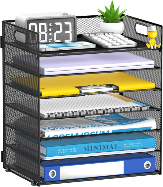 7 Tier Paper Organizer for Desk with Letter Trays & Handle Black