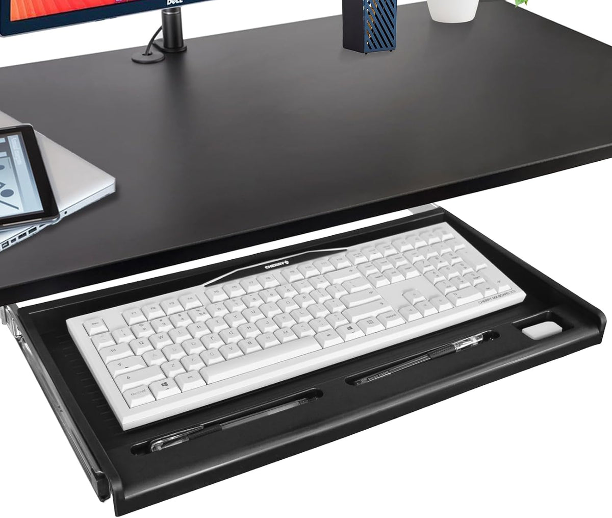 Under Desk Keyboard Tray, 20" Wx11"D Sturdy Key Board Tray Under Desk Slide with Pen Tray, Desk Extender with Pen Holder,Black