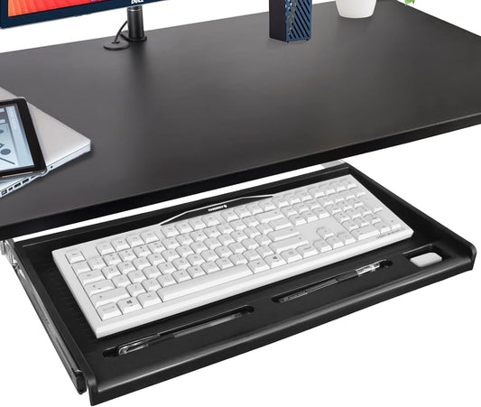 Under Desk Keyboard Tray, 20" Wx11"D Sturdy Key Board Tray Under Desk Slide with Pen Tray, Desk Extender with Pen Holder,Black