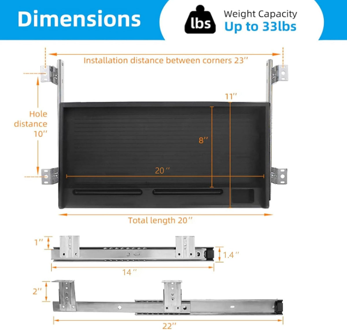 Under Desk Keyboard Tray, 20" Wx11"D Sturdy Key Board Tray Under Desk Slide with Pen Tray, Desk Extender with Pen Holder,Black