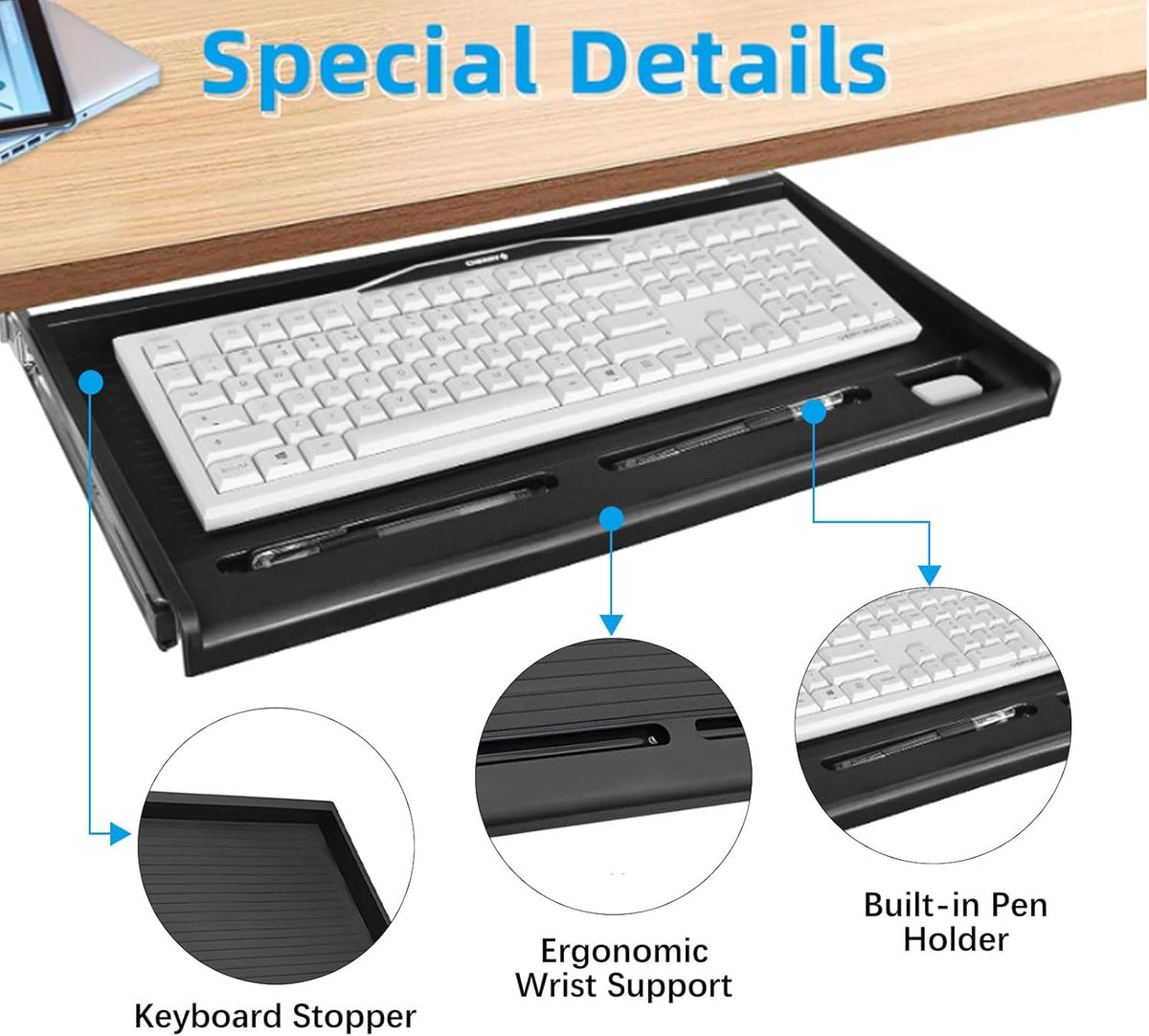 Under Desk Keyboard Tray, 20" Wx11"D Sturdy Key Board Tray Under Desk Slide with Pen Tray, Desk Extender with Pen Holder,Black